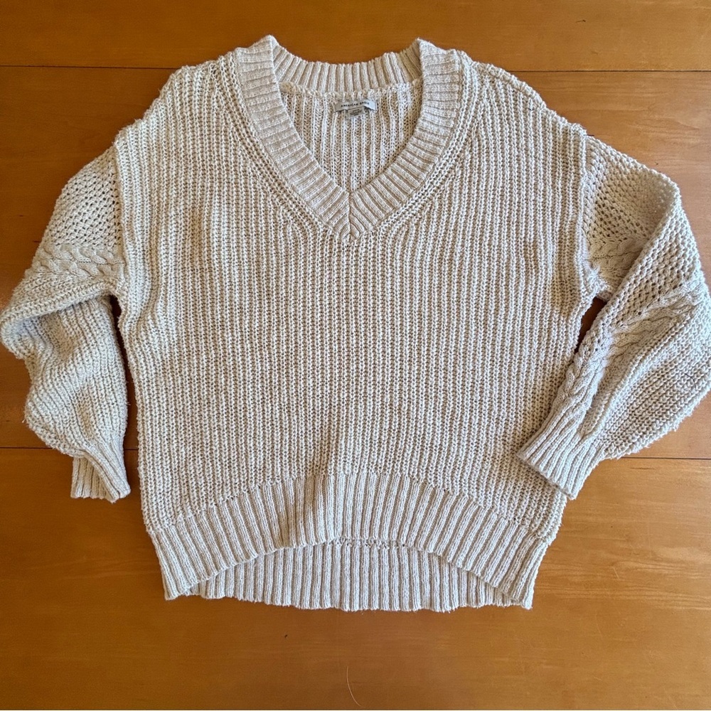 American Eagle Outfitters Cream V-Neck Knit Sweater